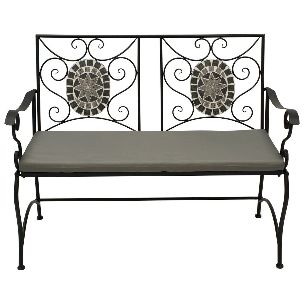 Gartenbank 2-Sitzer Mit Eisengestell Und Mosaik-Verzierung In Grau 1 Gartenbank 2-Sitzer Mit Eisengestell Und Mosaik-Verzierung In Grau